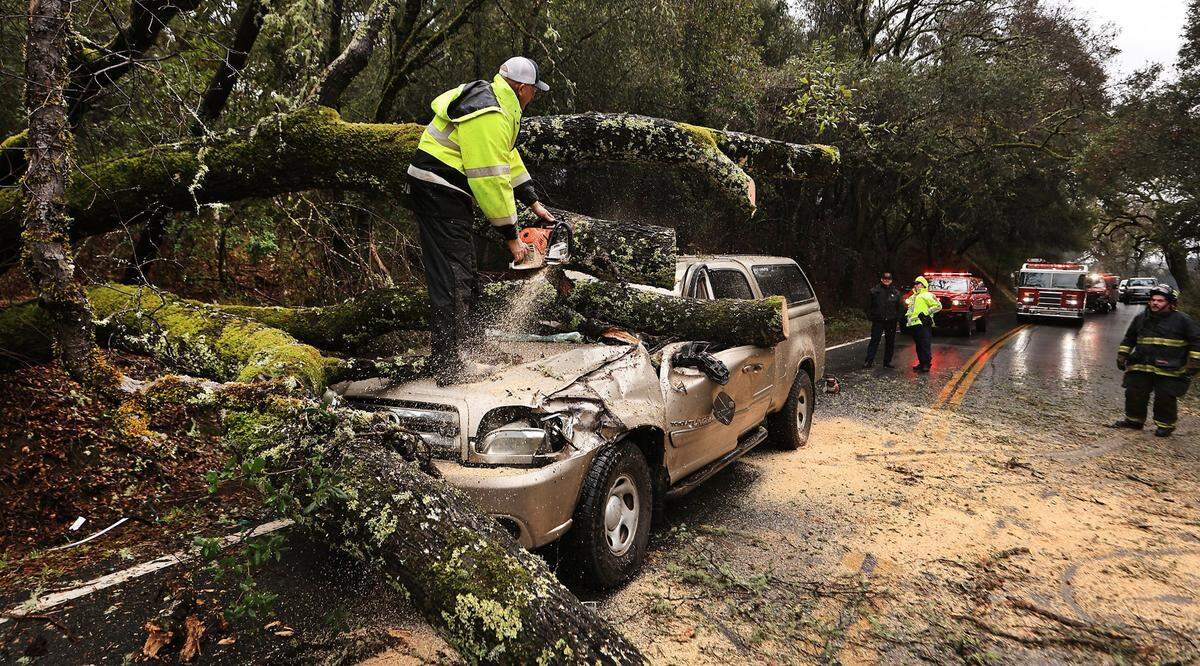 Hopland Volunteer Fire Department chief Mitch Franklin cuts away a large oak tree that fell on a vehicle, moderately injuring the driver on Old River Road, north of Hopland, Calif., in Mendocino County, Saturday, Jan. 14, 2023. Storm-battered California got more wind, rain and snow on Saturday, raising flooding concerns, causing power outages and making travel dangerous.