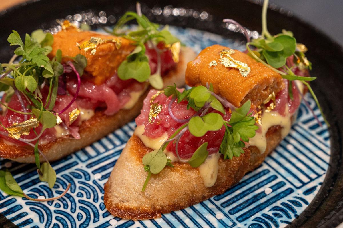 Hokkaido uni toast is served at Hello Temaki in Elk Grove in July with truffle aioli, Japanese sea urchin and fatty tuna on baguette slices.