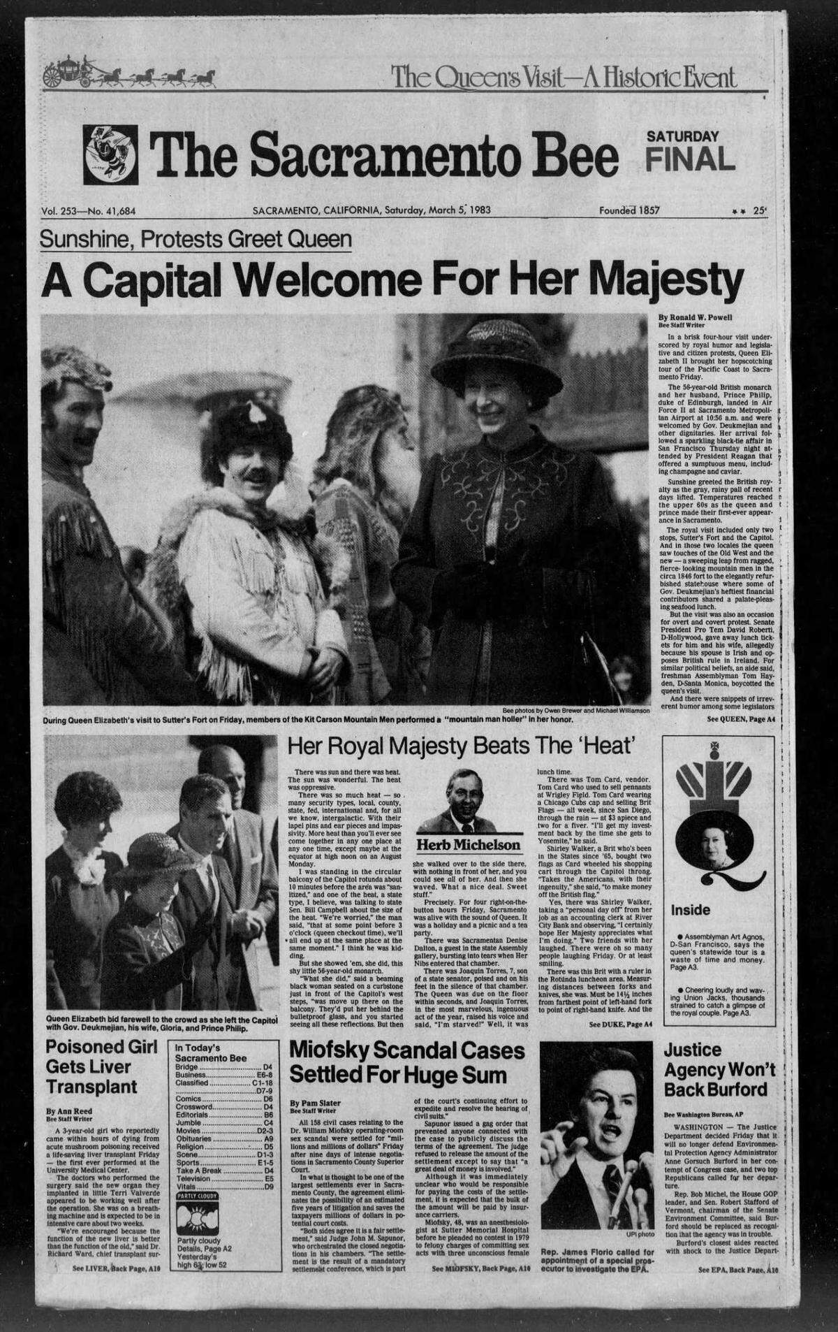 The front page of The Sacramento Bee on March 5, 1983, chronicling Queen Elizabeth II’s visit to the capital.