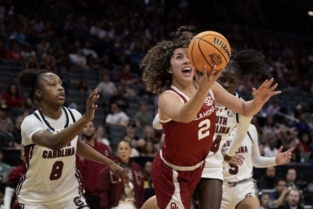 Oklahoma Sooners guard Aaliyah Chavez shoots in the first half of an NCAA Women’s Basketball Tournament Sweet 16 game Saturday, March 28, 2026 at Golden 1 Center in Sacramento.