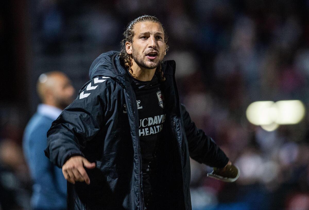 Sacramento Republic FC forward Russell Cicerone (11) has words with a line judge as his team falls 2-1 against Phoenix Rising during the USL Western Conference finals on Saturday, Nov. 4, 2023, at Heart Health Park in Sacramento.