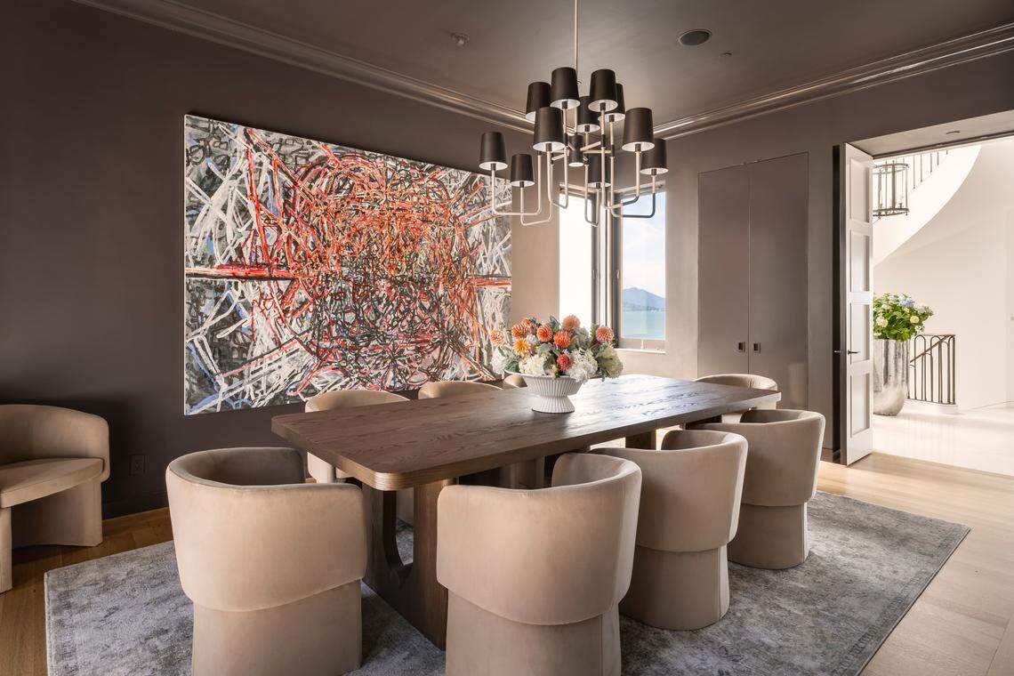 Across the central foyer at the San Francisco residence sits the formal dining room, sized for a table of 12.