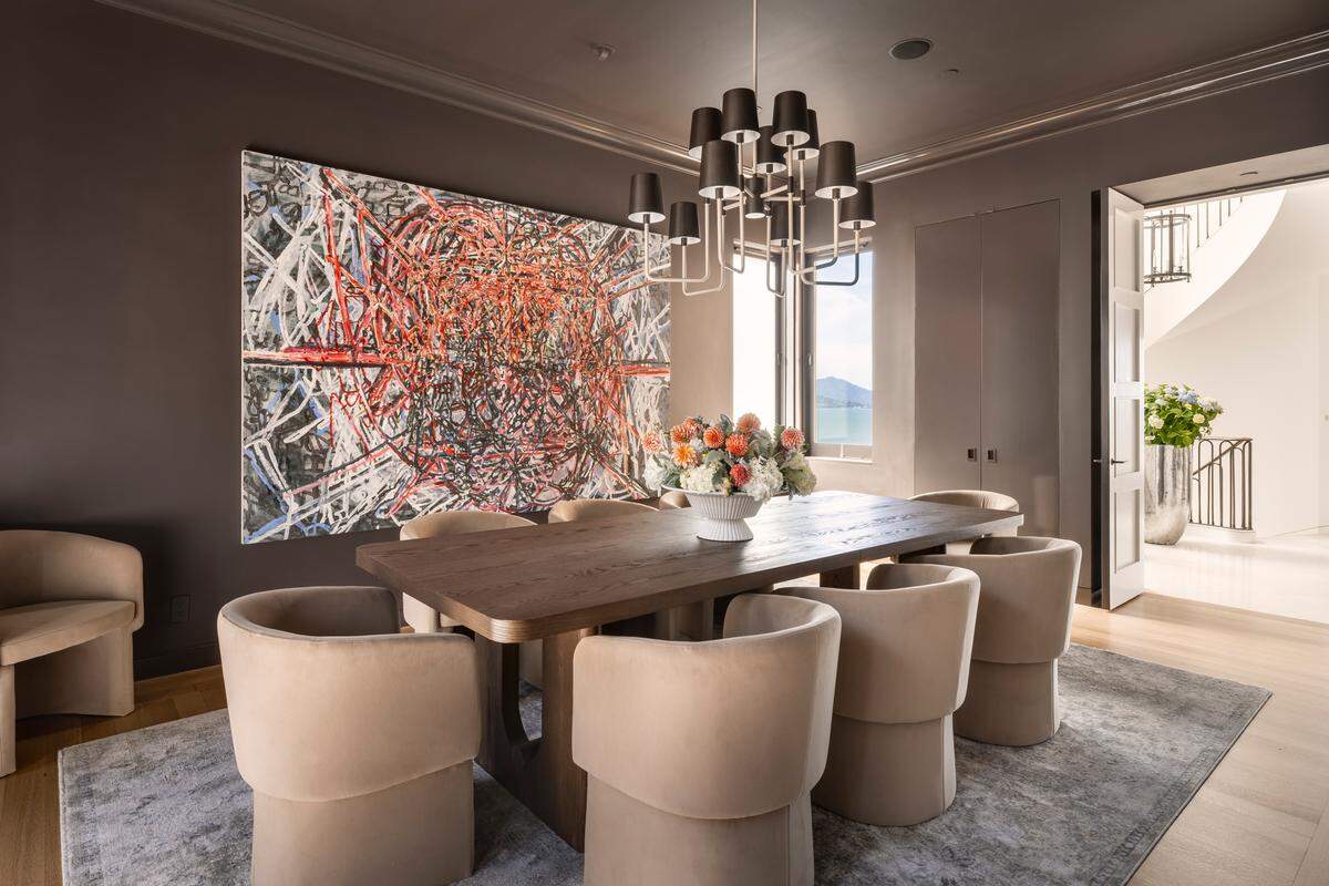 Across the central foyer at the San Francisco residence sits the formal dining room, sized for a table of 12.