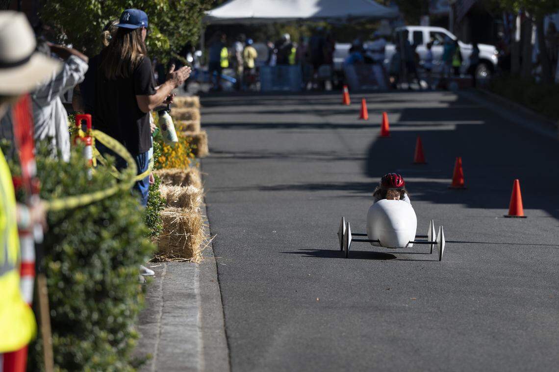 Fans watch racers compete in the Folsom Historic District’s All-American Soap Box Derby in Folsom on Sunday, Oct. 5, 2025.