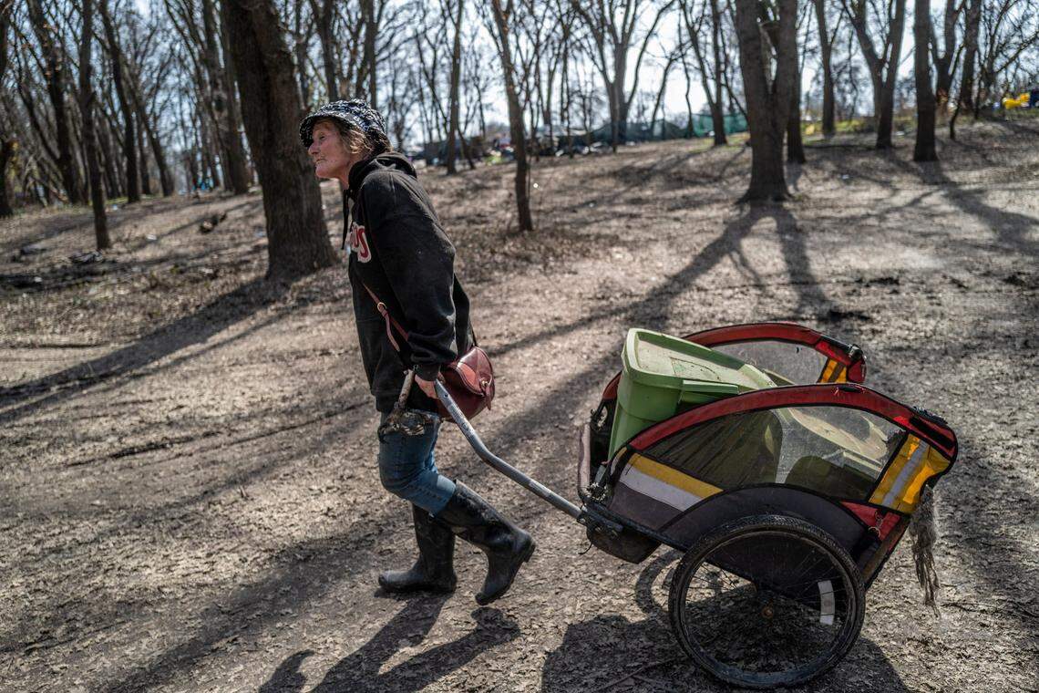 Catherine Roberts, 63, hauls some of her belongings from the Bannon Island encampment on the Sacramento River to a nearby tent on Friday. “Rangers can tell us where we can’t go but not where we can go,” said Roberts, who said she was exhausted after moving throughout the previous night.