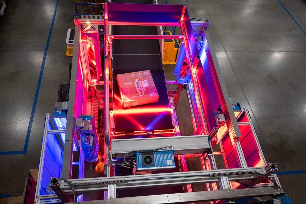 A package is scanned at the Amazon fulfillment center in Tracy.