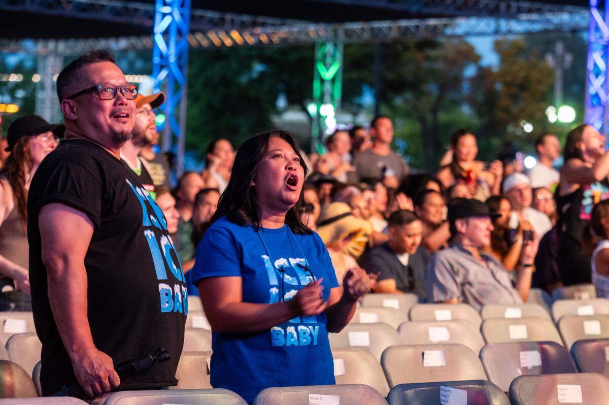 Tom Nguyen and Maricar Rogen rock matching Ice Ice Baby T-shirts for the Vanilla Ice concert on the Golden 1 Stage during the California State Fair at Cal Expo on Friday, July 12, 2024, in Sacramento.
