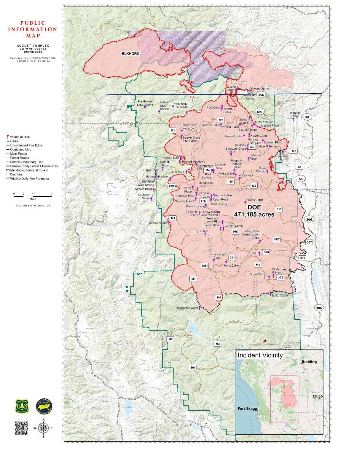 A map from the U.S. Forest service of the August Complex Fire burning at Mendocino National Forest, as of Thursday, Sept. 10, 2020. At 471,185 acres, it is the largest wildfire in California’s recorded history.