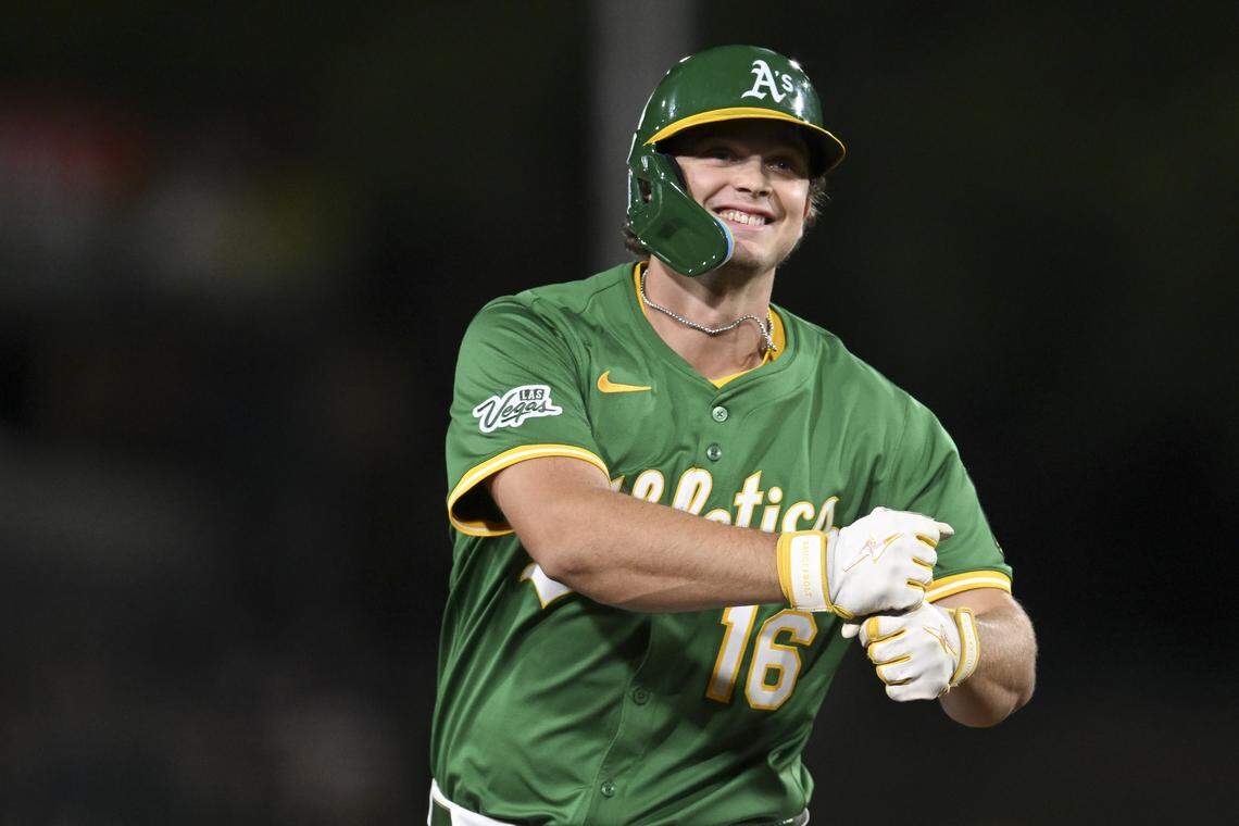 Athletics first base Nick Kurtz reacts with his “butter churn” celebration after rounding the bases on a home run game against the Detroit Tigers at Sutter Health Park in West Sacramento on Monday, Aug. 25.