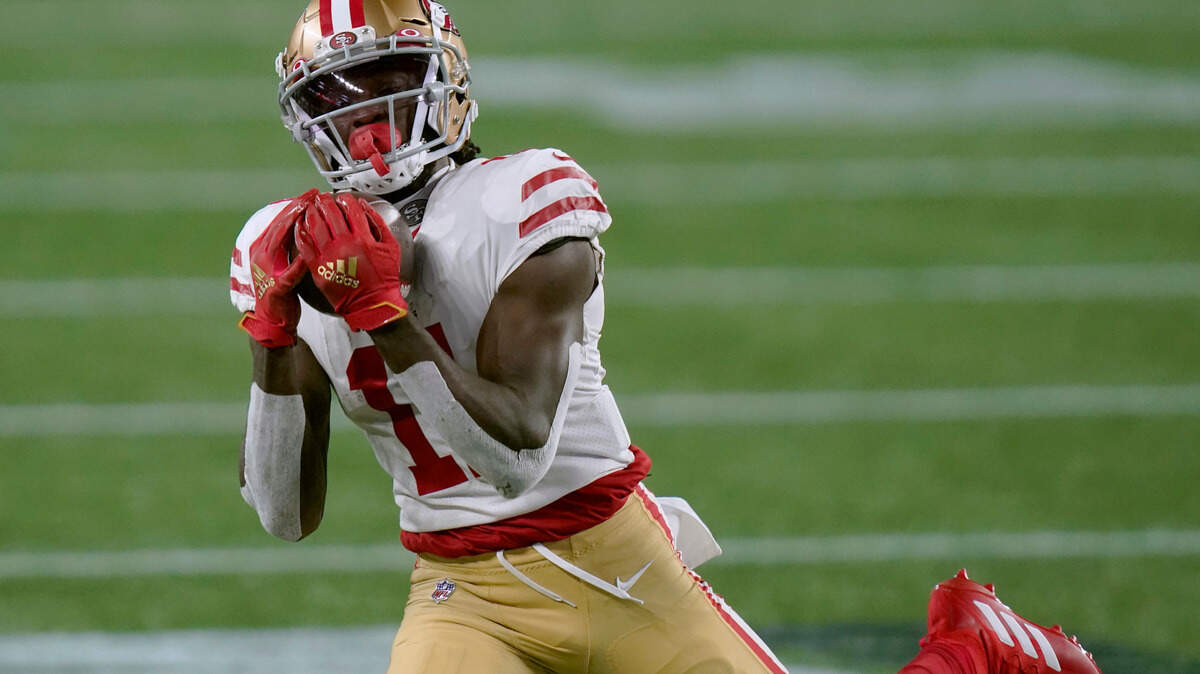 San Francisco 49ers wide receiver Brandon Aiyuk catches a pass inside the New England 10-yard line.