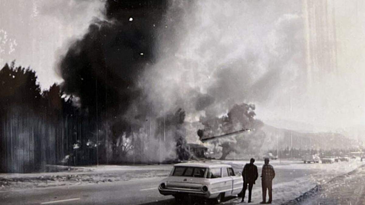 A structure burns during a city-authorized “abatement” in the Black and Latino neighborhood known as Section 14 in Palm Springs in 1967.