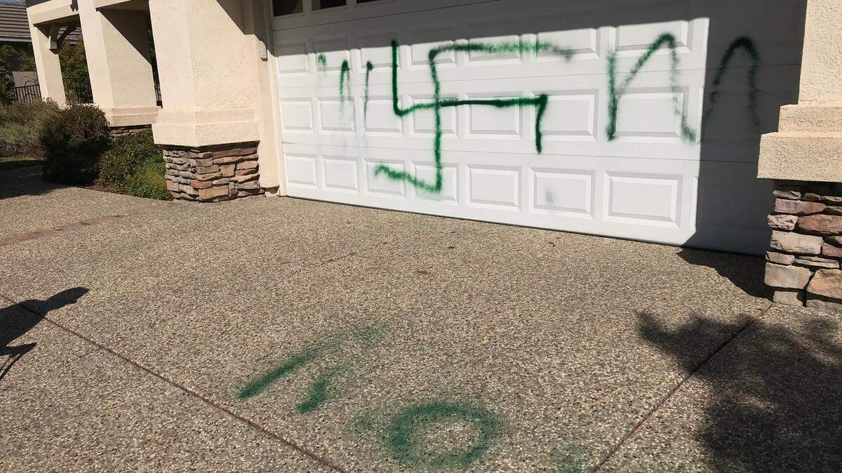 Sun City Lincoln Hills residents George and Alice Brown awoke Monday, Sept. 28, 2020, to find their Lincoln, Calif., home of 12 years had been vandalized, apparently because of the Democratic political signs in their front yard. Neighbor Doug Brown took a photo of the damage for them.