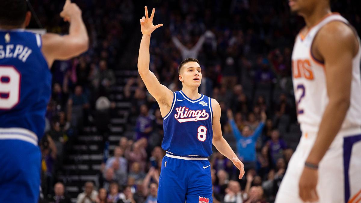 Sacramento Kings guard Bogdan Bogdanovic (8) makes another three-pointer during a game at Golden 1 Center on Tuesday, November 19, 2019 in Sacramento.