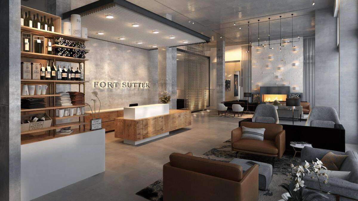 Artists’ rendering of the lobby in the Fort Sutter Hotel, Tapestry Collection, set to open in February 2020.