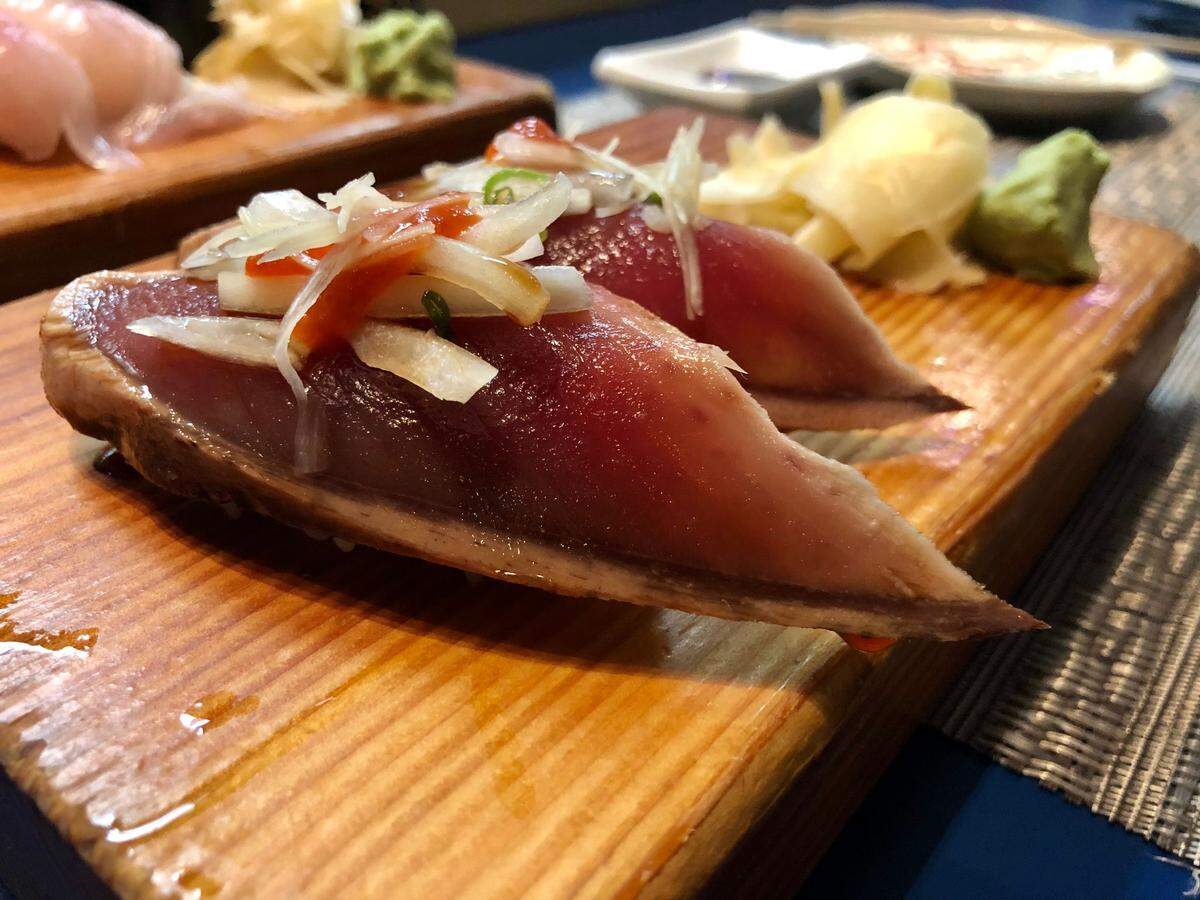 Shige Sushi’s katsuo (bonito) nigiri is served.