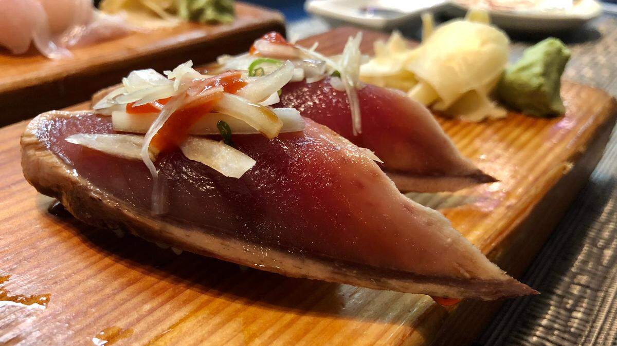 Shige Sushi’s katsuo (bonito) nigiri is served.