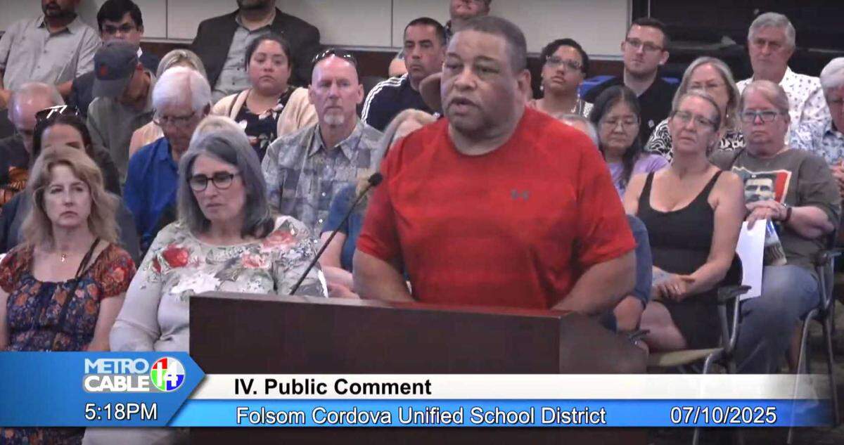 Conrade Mayer speaks to the Folsom Cordova Unified School District board on July 10, 2025. A former administrator is suing the district alleging he was fired for retaliation after he recommended Mayer, a Cordova High campus monitor, be fired for alleged sexual harassment.