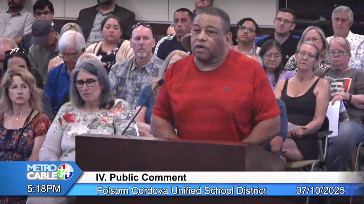 Conrade Mayer speaks Thursday to the Folsom Cordova School Board about his employment at Cordova High. According to a district investigation, Mayer was recommended to be terminated after several instances of sexual harassment.