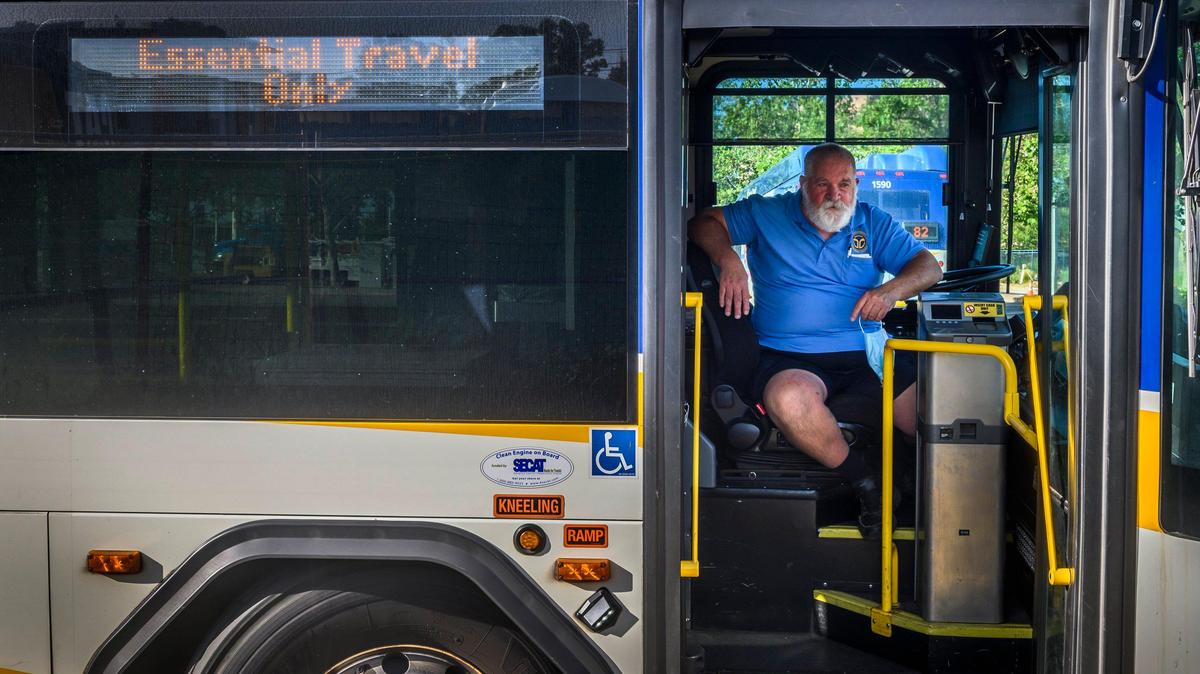 Sacramento Regional Transit driver Steve Robison waits to start his bus route in Sacramento on Monday, April 27, 2020.