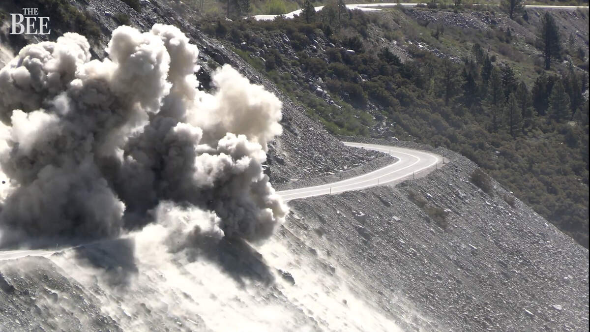Caltrans crews blast boulders on Highway 120 on May 22, 2025, near Yosemite, ensuring safe summer travel.