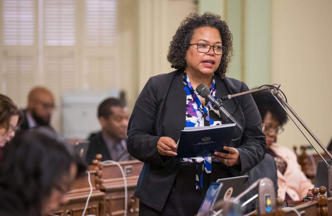 Assemblywoman Mia Bonta, D-Oakland, speaks about Assembly Constitutional Amendment 7, authored by Assemblyman Corey Jackson’s, D-Moreno Valley, in the chamber Tuesday, Sept. 12, 2023, at the state Capitol in Sacramento.
