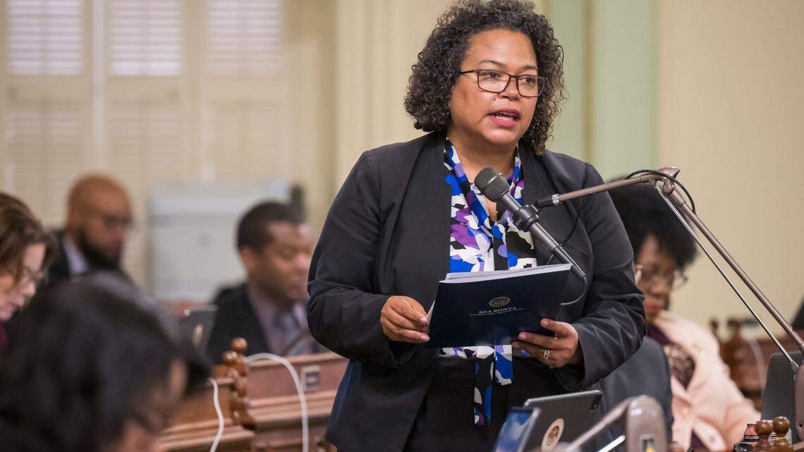 Assemblywoman Mia Bonta, D-Oakland, speaks about Assembly Constitutional Amendment 7, authored by Assemblyman Corey Jackson’s, D-Moreno Valley, in the chamber Tuesday, Sept. 12, 2023, at the state Capitol in Sacramento.