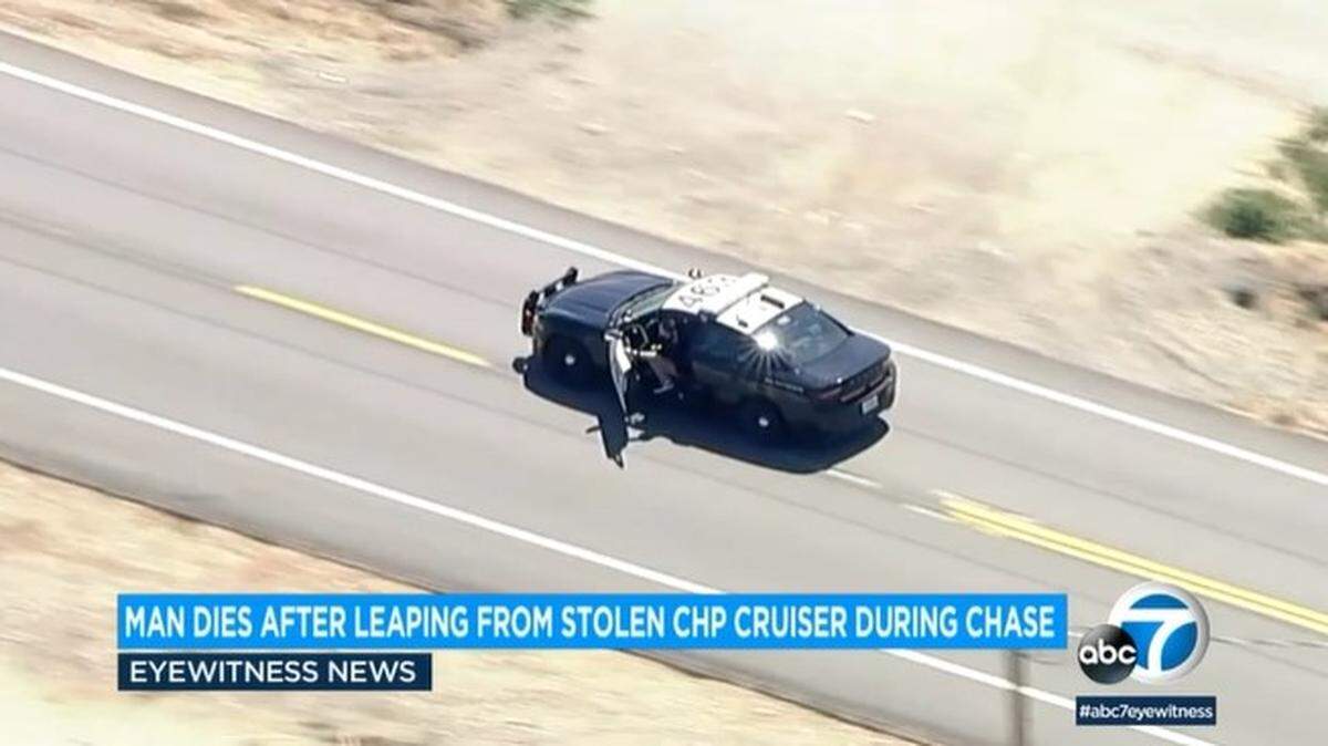 A man accused of stealing a California Highway Patrol cruiser jumped out during a highway chase and died, authorities say.
