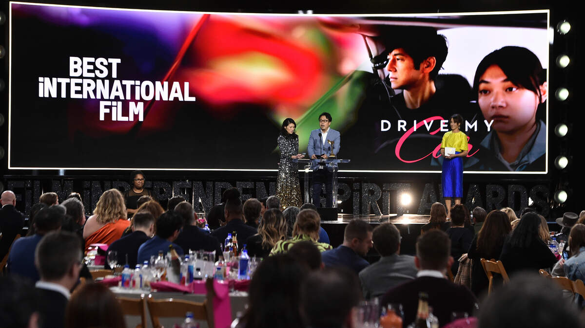 Teruhisa Yamamoto accepts the award for best international film for “Drive My Car” at the 37th Film Independent Spirit Awards on Sunday, March 6, 2022, in Santa Monica, Calif. (Photo by Jordan Strauss/Invision/AP)