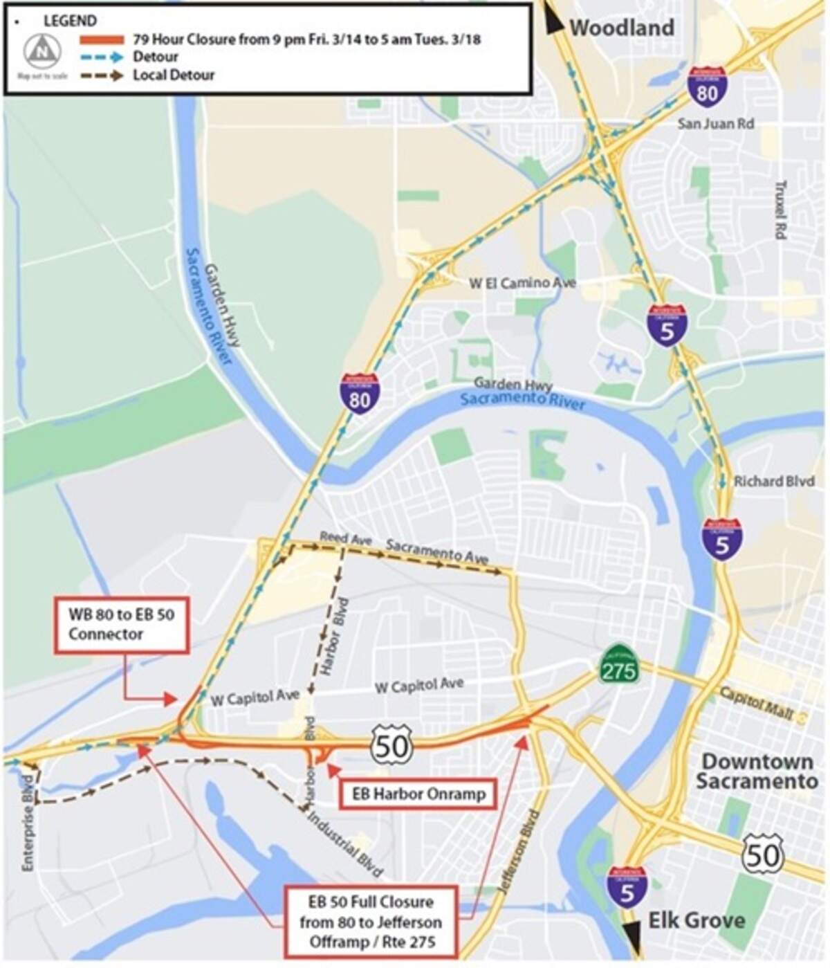 Caltrans delayed an extended closure of eastbound Highway 50 in West Sacramento for construction until Friday, March 14 due to weather.