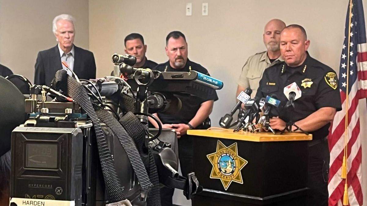 Marysville Police Chief Christian Sachs and other local officials speak about the death of a Marysville police officer Wednesday, March 26, 2025. The officer was killed while serving a search warrant with a team of authorities in Olivehurst.