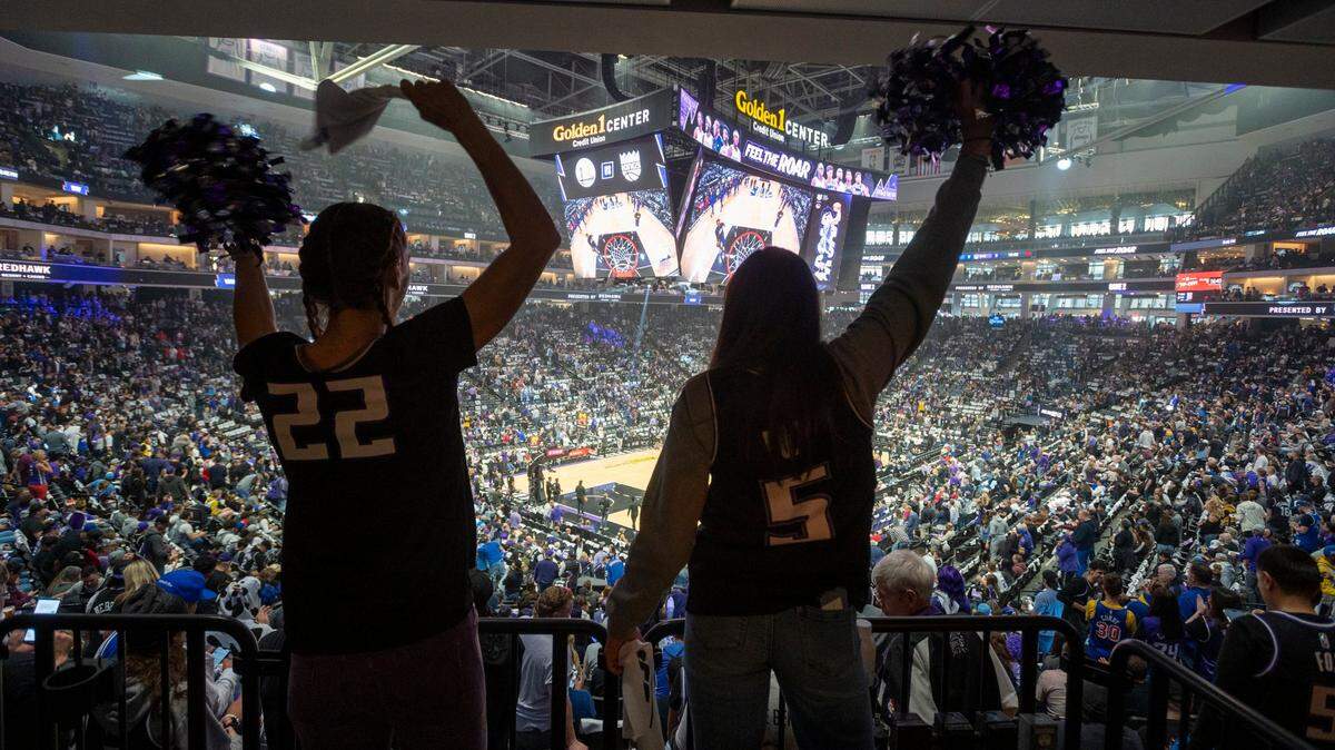 Anya Hall and her daughter Tatum Hall cheer on the Sacramento Kings during Game 2 of the first-round NBA playoff series at Golden 1 Center on Monday, April 17, 2023.