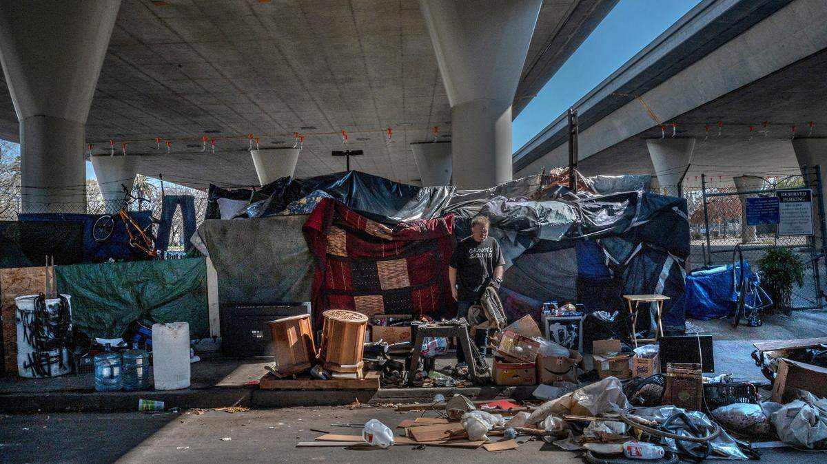 Robert Erhart, 51, who lives in a homeless encampment on 22nd Street under the W-X freeway, said Monday, March 1, 2021, he doesn’t want to stay out there. “I don’t want to stay out here. I want to work,” said Erhart. Around 200 homeless living in tents under the W-X freeway will be getting an eviction notices as Caltrans prepares to launch a freeway widening project that will turn that section of the central city, from 6th Street to 26th Street, into a construction zone for the next year.
