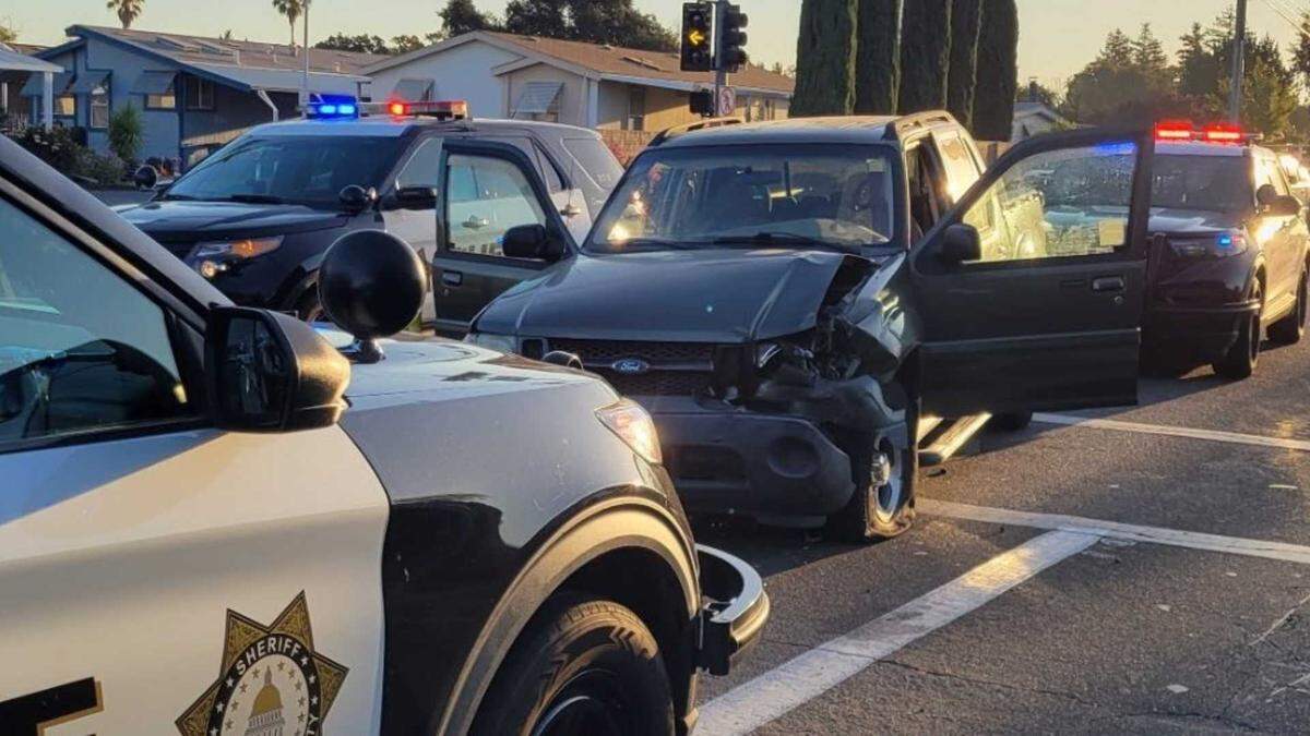 A Ford pickup is seen after crashing into a Sacramento County Sheriff's Office patrol vehicle Monday, Sept. 22, 2025.