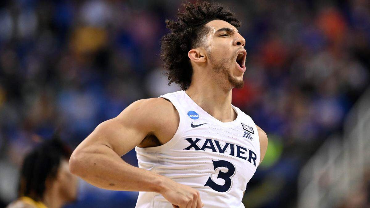 Xavier Musketeers guard Colby Jones (3) reacts to a play during the first half against the Pittsburgh Panthers in the second round of the 2023 NCAA men’s basketball tournament on March 19, 2023, at Greensboro Coliseum, in Greensboro, North Carolina.