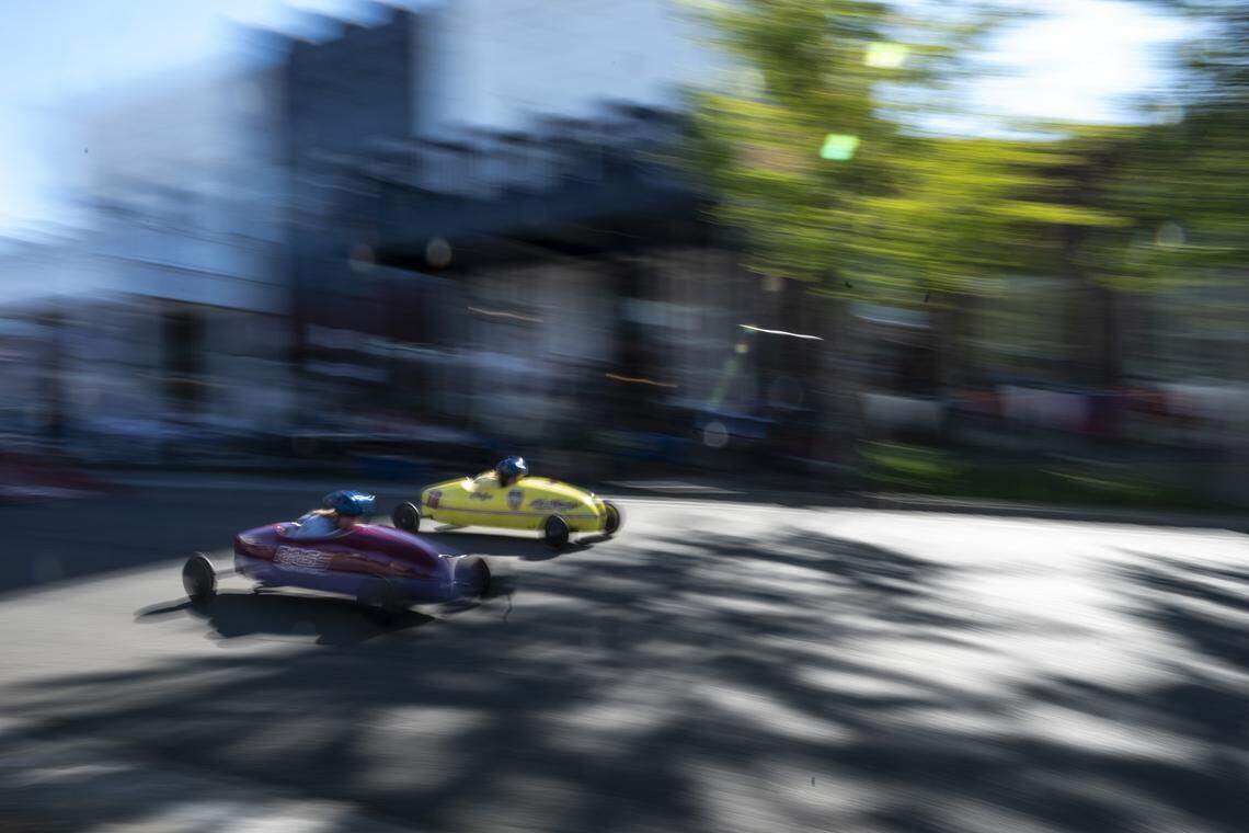 Super stock class derby racers race in the Folsom Historic District’s All-American Soap Box Derby in Folsom on Sunday, Oct. 5, 2025.