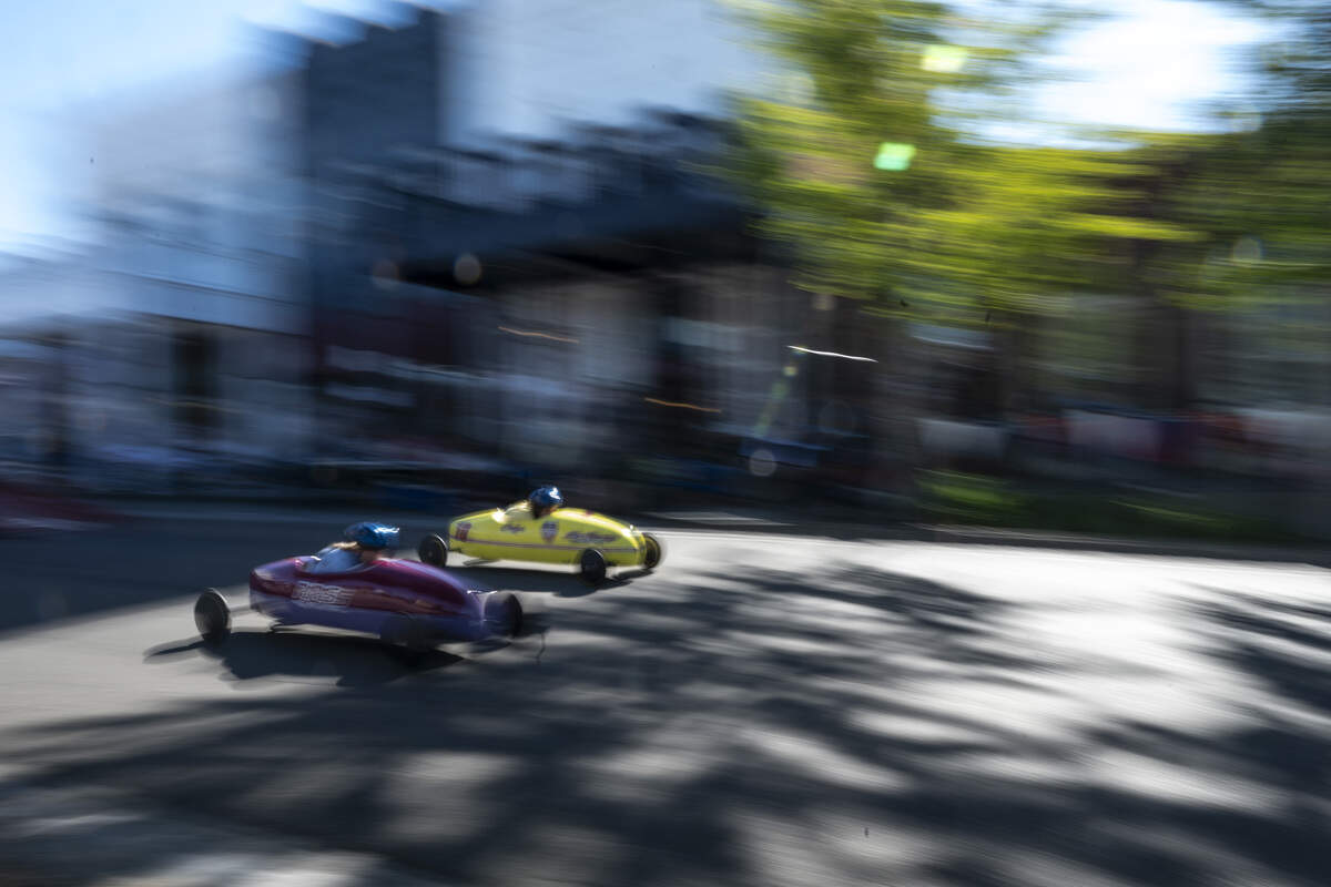 Super stock class derby racers race in the Folsom Historic District’s All-American Soap Box Derby in Folsom on Sunday, Oct. 5, 2025.