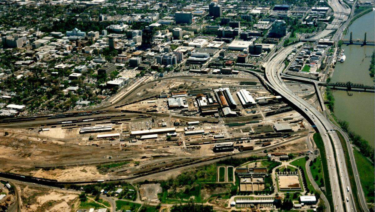 A 1989 aerial photograph shows the downtown railyard a few years before Union Pacific shutdown its operations in the shops and the yard.