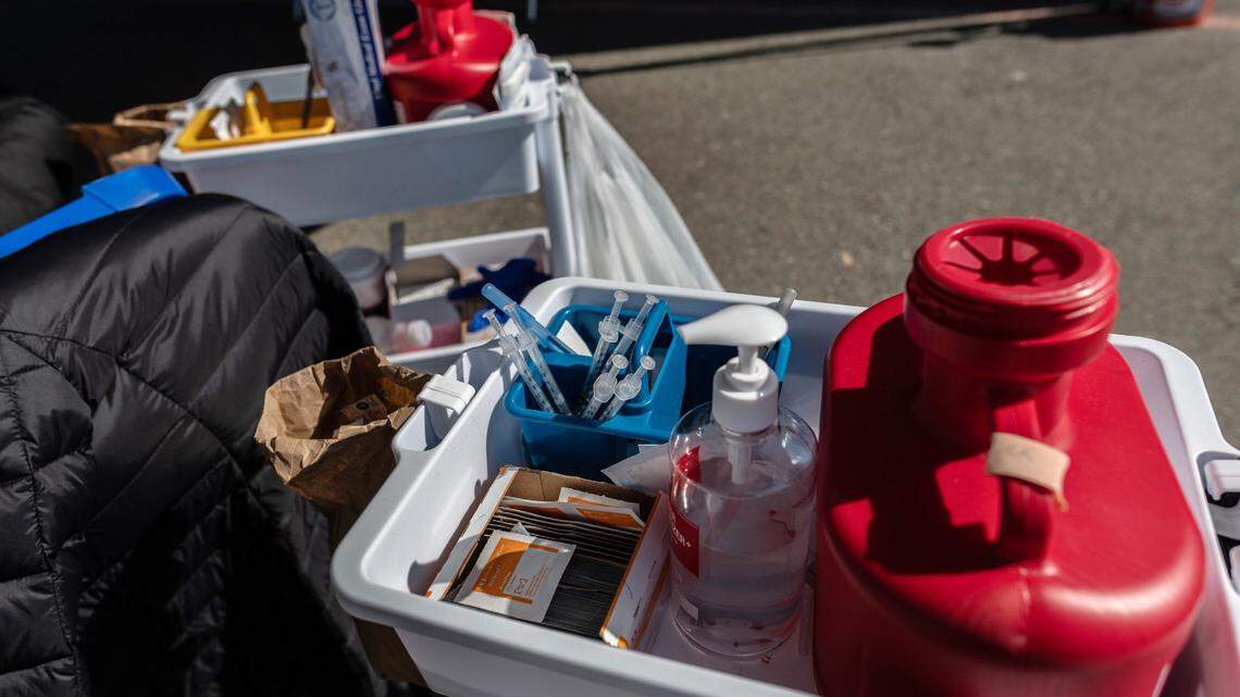 A cart is ready at a Del Paso Heights clinic on Thursday, March 4, 2021. California is shifting its COVID-19 vaccine strategy away from mass sites in favor of supporting small, community-based efforts, Gov. Gavin Newsom’s office announced May 4, 2021.