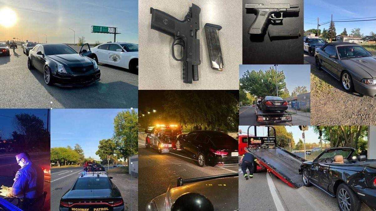Authorities on Sunday April 10, 2022, towed away 28 vehicles, made nine felony arrests, issued 28 citations and confiscated four guns as they busted a large “sideshow” event in Sacramento County, California.