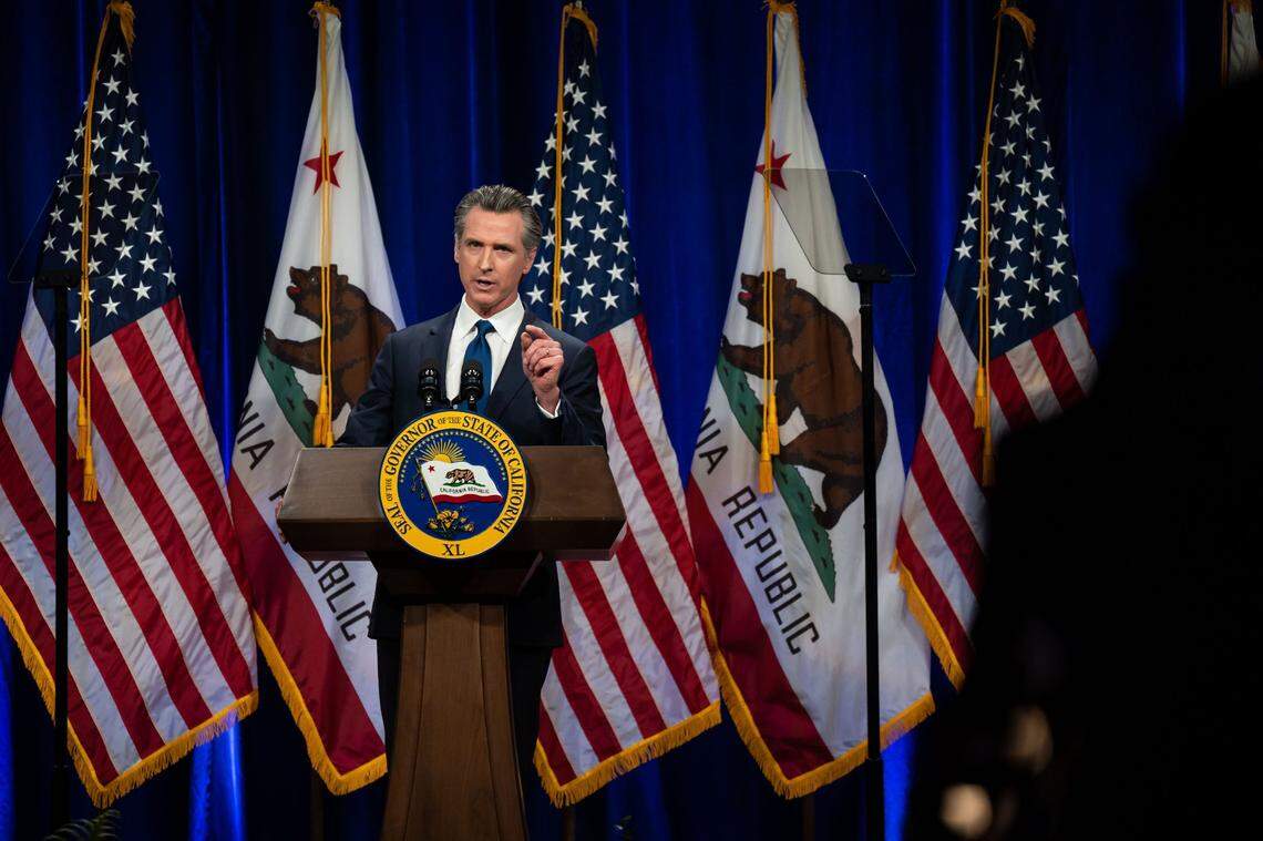 Gov. Gavin Newsom speaks during the 2022 State of the State Address at the California Natural Resources Agency Auditorium on Tuesday, March 8, 2022, in Sacramento. During the speech, he announced plans for a tax rebate to help offset rising gas prices.