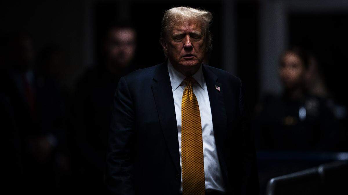 Former President Donald Trump walks to deliver remarks to reporters after the end of the day of jury deliberations in his criminal trial at the New York State Supreme Court in Manhattan, Wednesday, May 29, 2024. Trump recently riled critics by recently saying that revenge can be justified. . (Doug Mills/The New York Times)