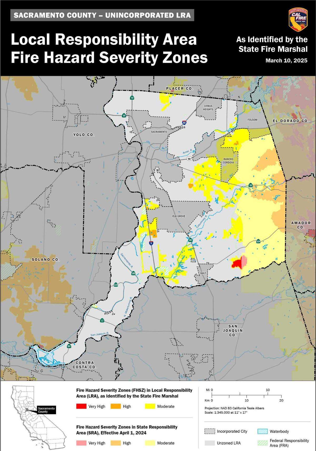 Cal Fire has issued a fire hazard severity zone map for Sacramento County, rating nearly 78,000 acres under some threat from wildfires. It’s the first significant change to the state’s wildfire hazard maps in 14 years.