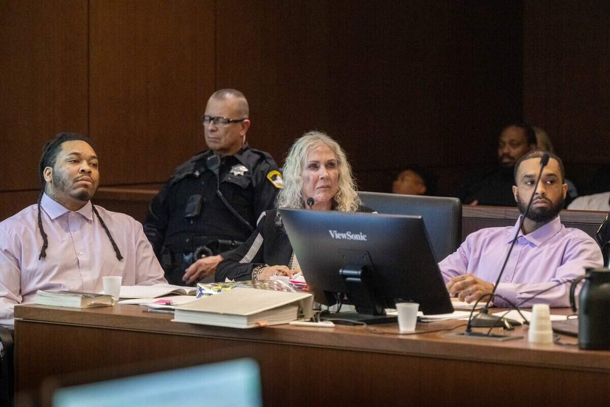 Defense attorney Linda Parisi listens as Reid Kingsbury argues on behalf of defendants Dandrae Martin and Mtula Payton, who are accused of murder in the April 2022 K Street mass shooting, during closing arguments at Sacramento Superior Court on Wednesday.
