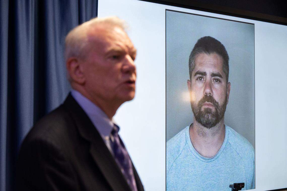 Mike Ramsey, Butte County District Attorney, talks about the case against Park Fire suspect Ronnie Dean Stout II on Monday, July 29, 2024 after he was arraigned in Butte Superior Court in Oroville. Stout did not enter a plea as he told investigators he didn’t start the fire on purpose, according to Ramsey.