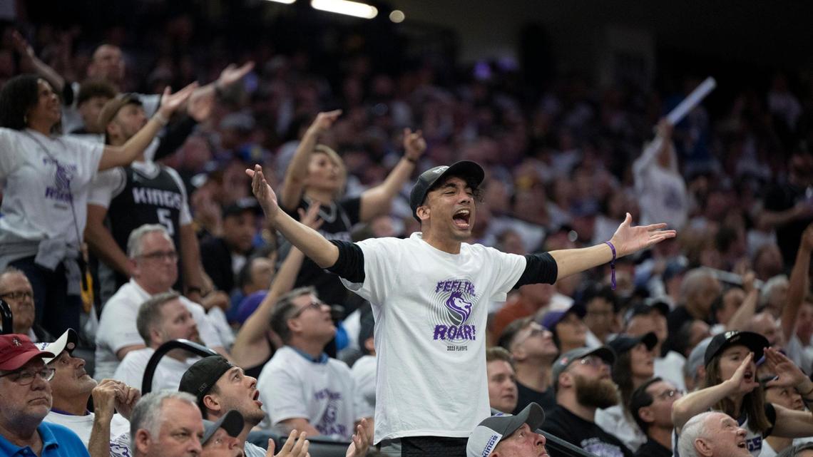 Sacramento Kings fans react to a call during Game 1 of the first-round NBA playoff series at Golden 1 Center on Saturday, April 15, 2023.