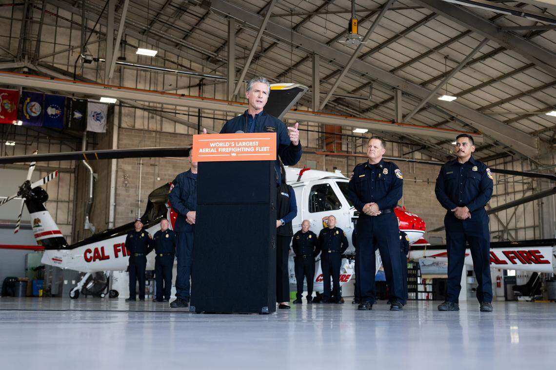 Gov. Gavin Newsom speaks at a news conference at McClellan Airport on Thursday, July 31, 2025, in Sacramento.