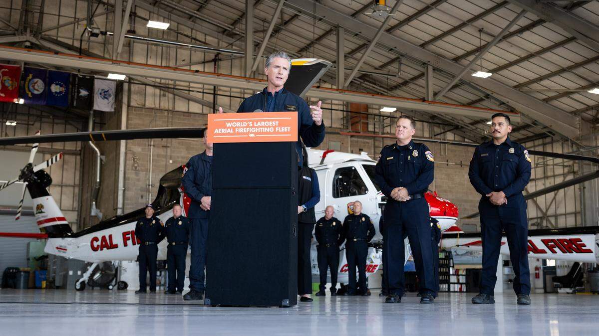 Gov. Gavin Newsom speaks at a news conference at McClellan Airport on Thursday, July 31, 2025, in Sacramento.