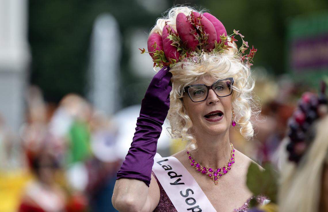 Lady Sophia Sweet Potato and the krewe from the Agricultural Aristocracy march on Capitol Mall during the City of Trees Parade on Saturday, Feb. 28, 2026.