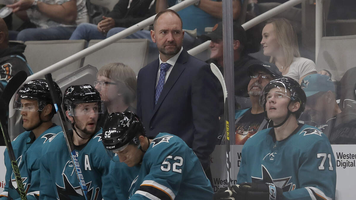 Sharks coach Peter DeBoer, center, has been fired after four-plus seasons. DeBoer was 198-129-34 over four-plus regular seasons and took San Jose to the 2016 Stanley Cup Final, the only appearance in franchise history.