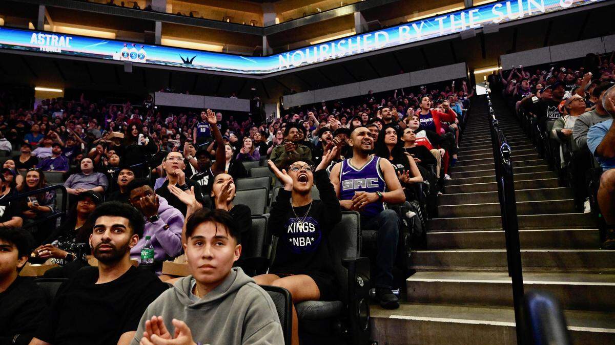 Sacramento Kings fans cheer their team at Golden 1 Center for the watch party for Game 3 of their first-round playoff series on Thursday, April 20, 2023.